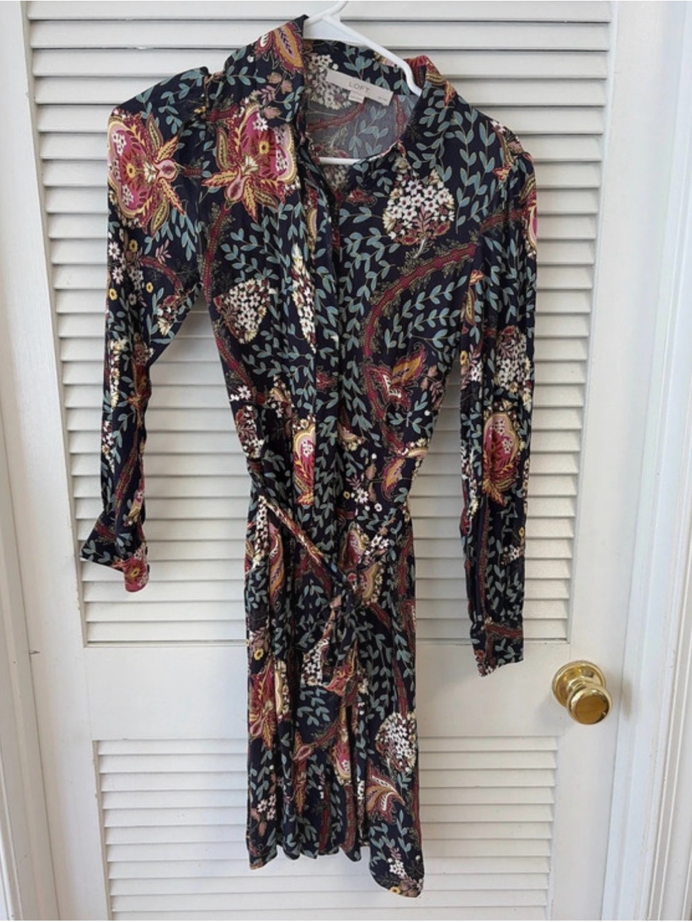 LOFT Black Long-Sleeve Paisley Shirt Dress with Burgundy and Gold Accents